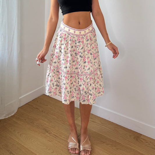 Vintage Cream Floral Silk Tiered Skirt Embroidered Beaded Waistband Y2K (XS/S)