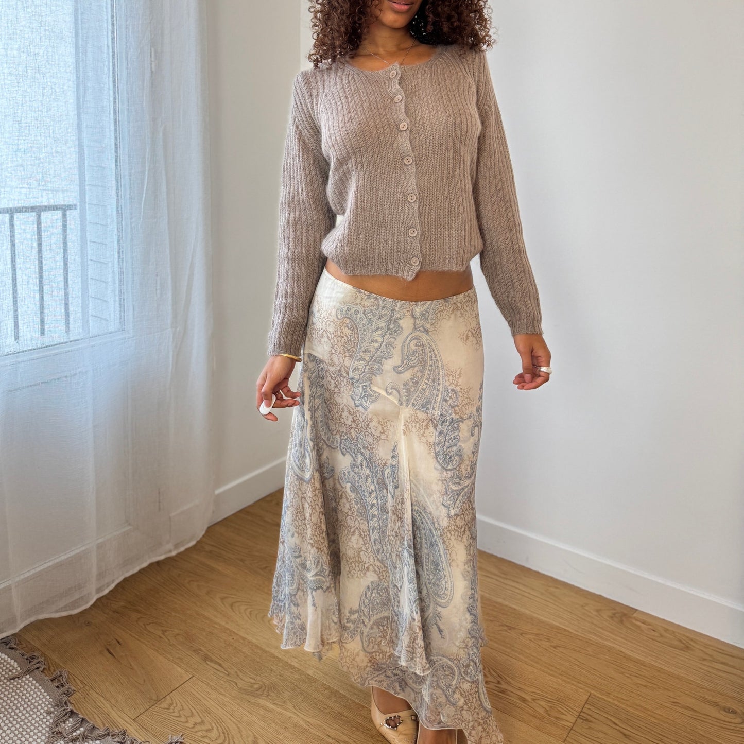 Italian Vintage taupe ribbed mohair-blend knit button-front cardigan (Medium)