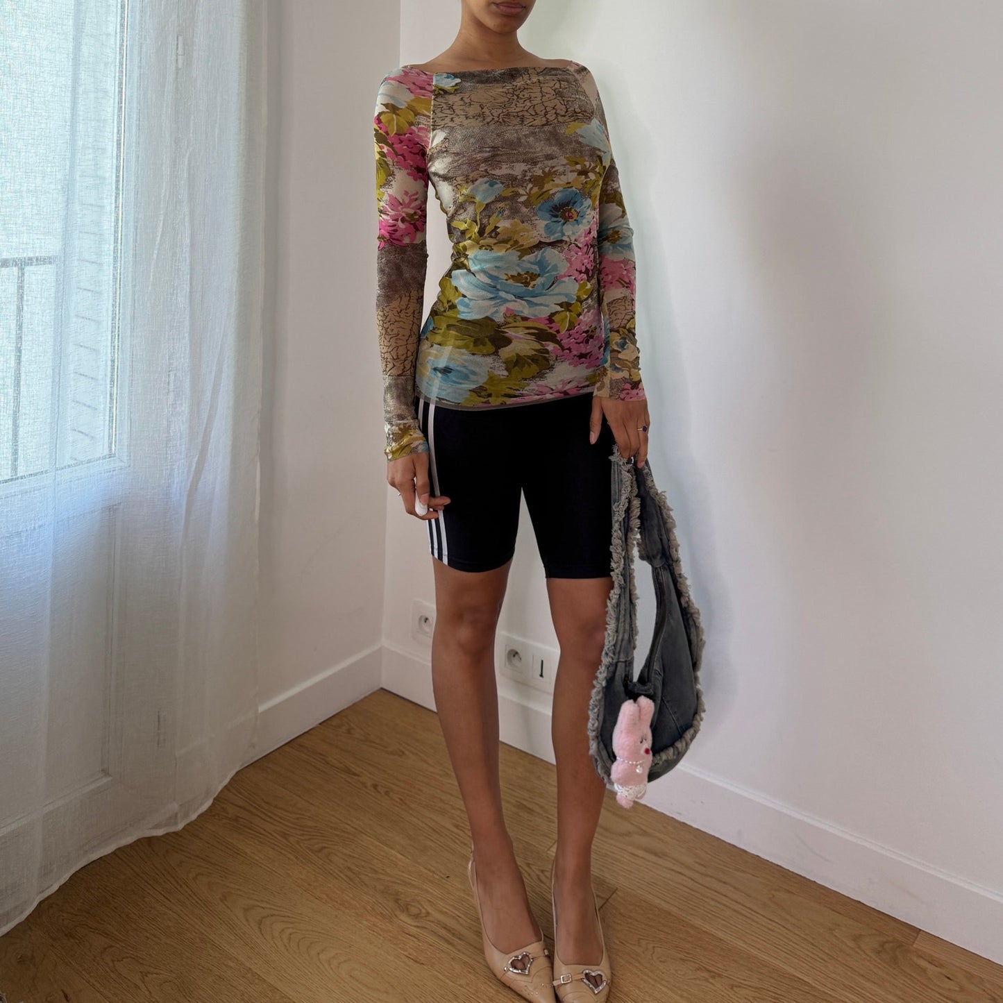 Vintage Blue Pink Floral Mesh Top Layered Sheer Y2K Euro Top (S) ⠀