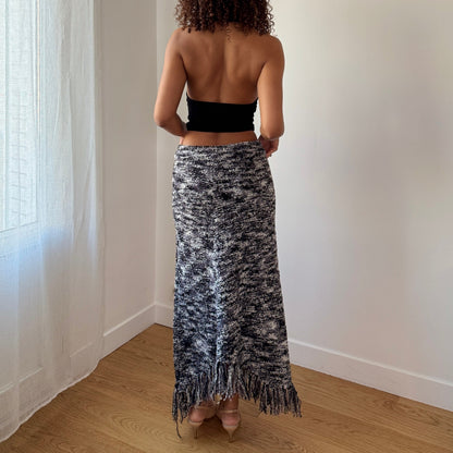 Vintage Grey Marled Knit Midi Skirt Fringe Hem Wool Cotton Deadstock (S)