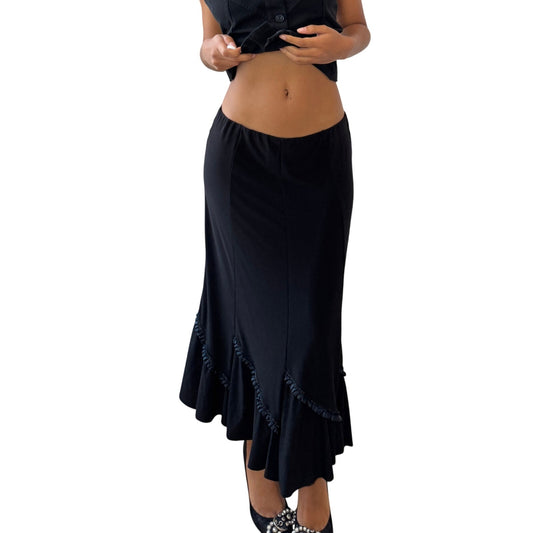 Vintage Italian black ruffle hem slinky skirt (S)
