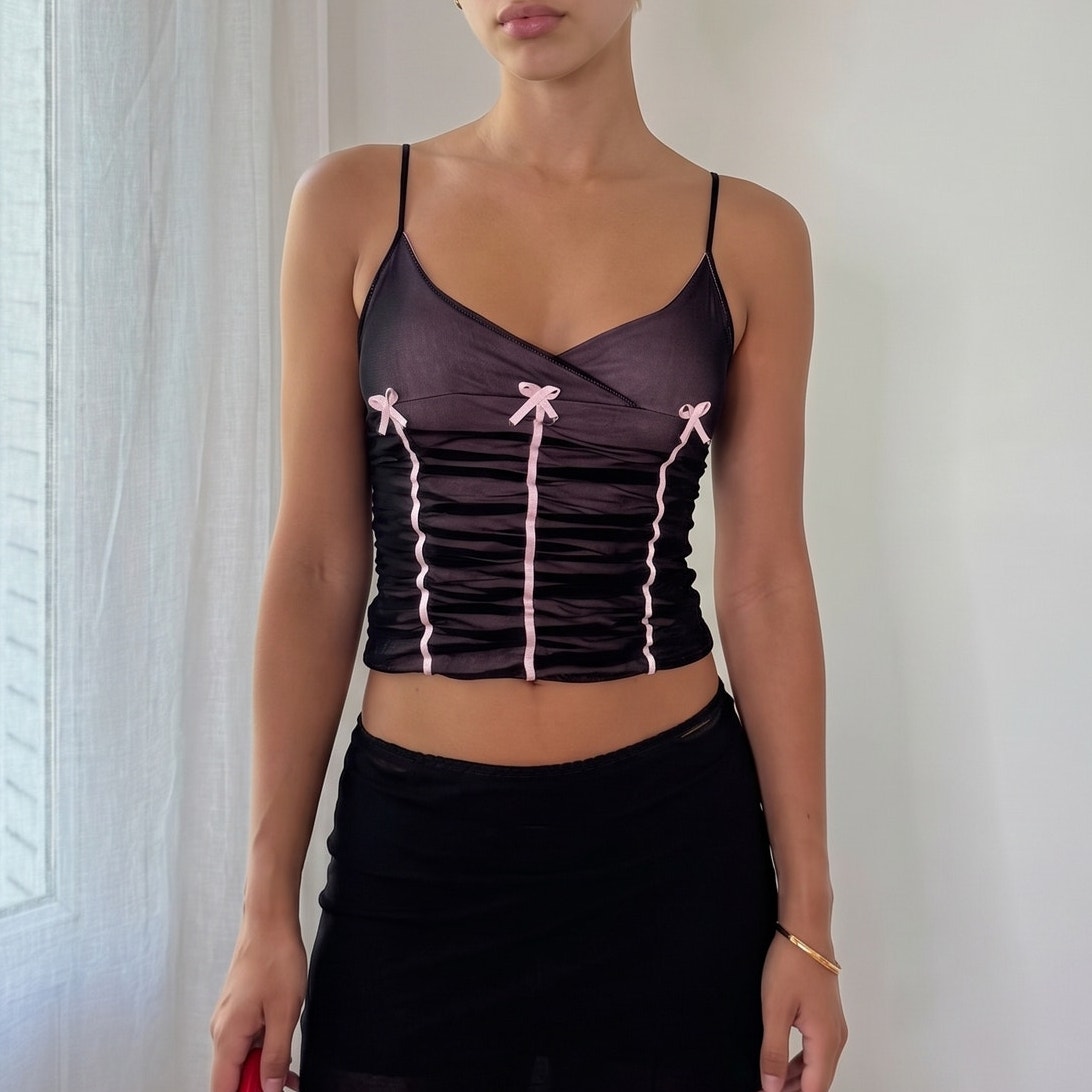 Vintage Italian Pink Black Ruched Mesh Cami Top Y2K (S)