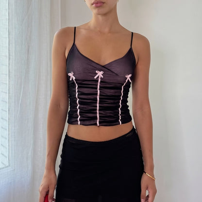 Vintage Italian Pink Black Ruched Mesh Cami Top Y2K (S)
