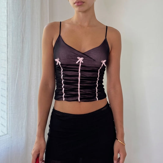 Vintage Italian Pink Black Ruched Mesh Cami Top Y2K (S)