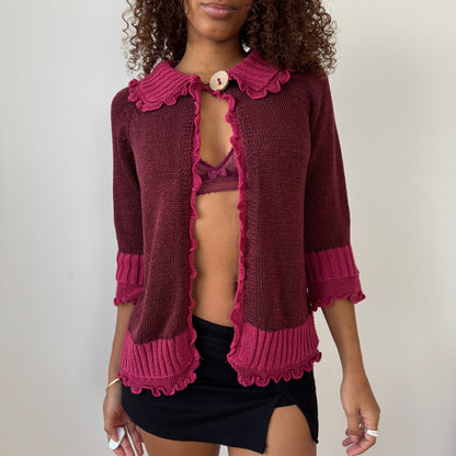 Vintage Jacqueline Riu French ruffled trim knit cardigan in berry & rose (Small)