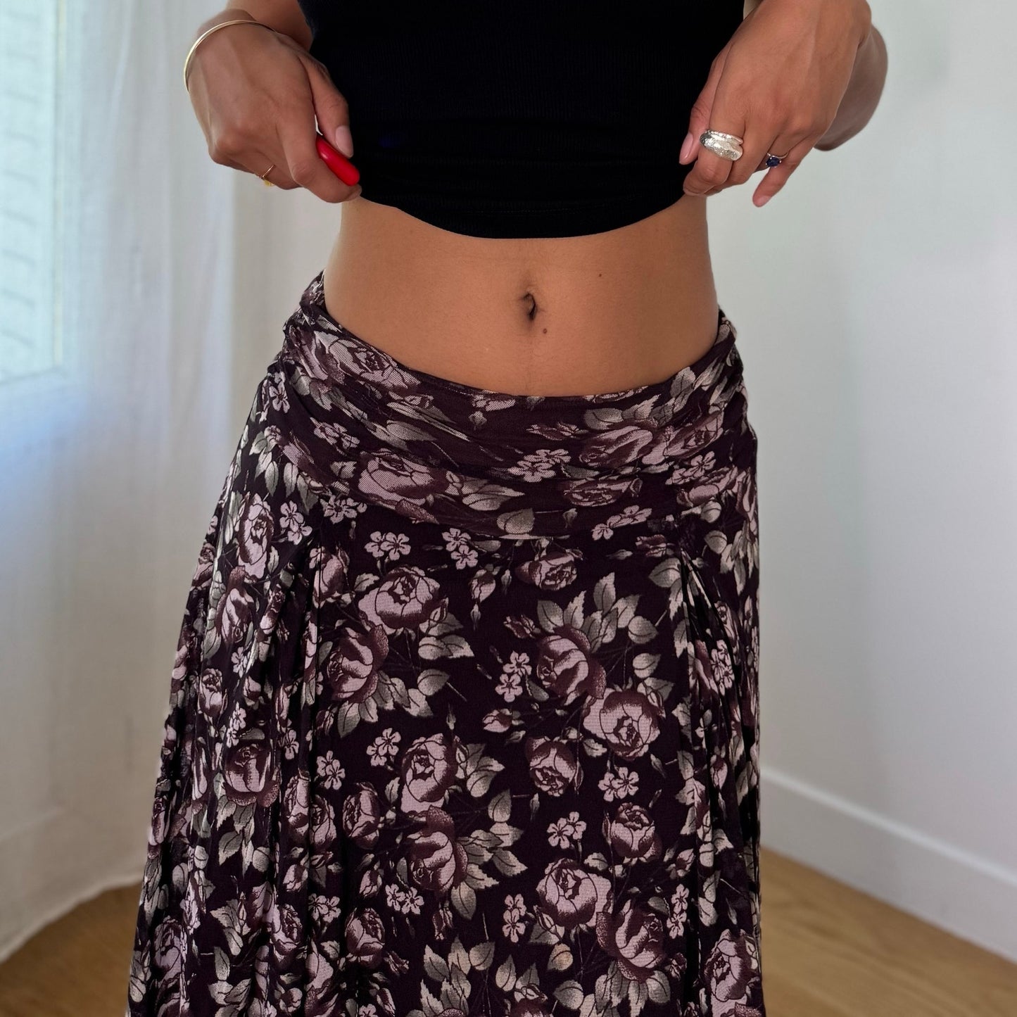 Vintage Kookai Purple Pink Floral Mesh Midi Skirt French Y2K (XS)