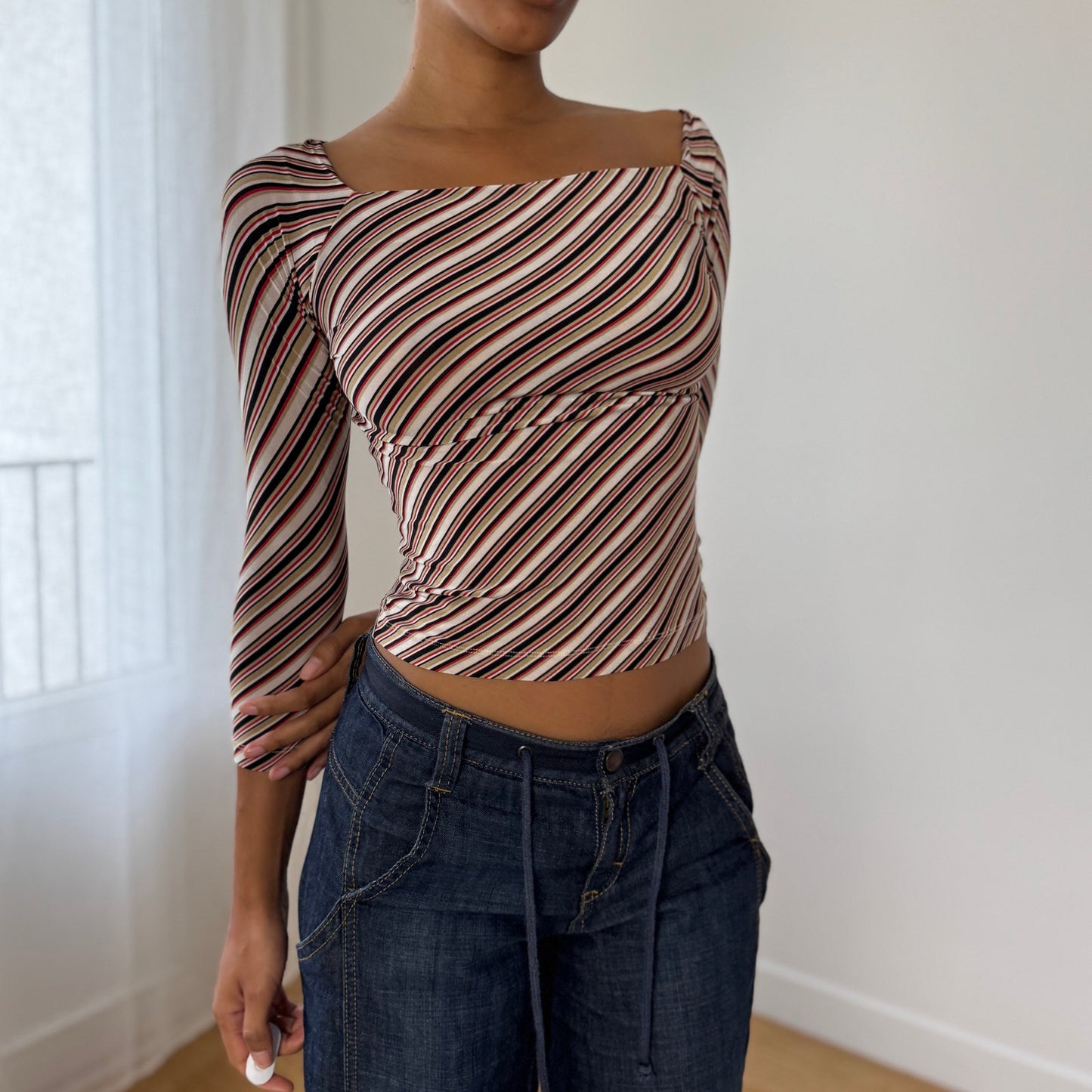 Vintage Italian Diagonal-Stripe Slinky Square-Neck Top (XS/S)