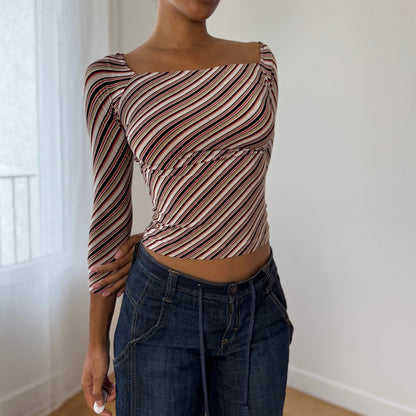 Vintage Italian Diagonal-Stripe Slinky Square-Neck Top (XS/S)