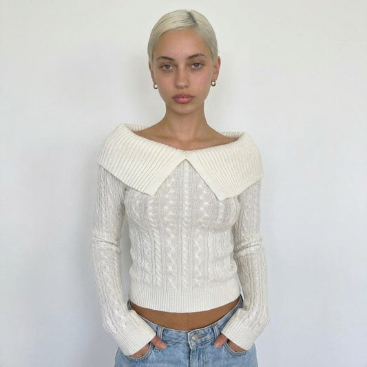 Vintage White Cable Knit Foldover Off Shoulder Sweater Made in Italy (S) ⠀