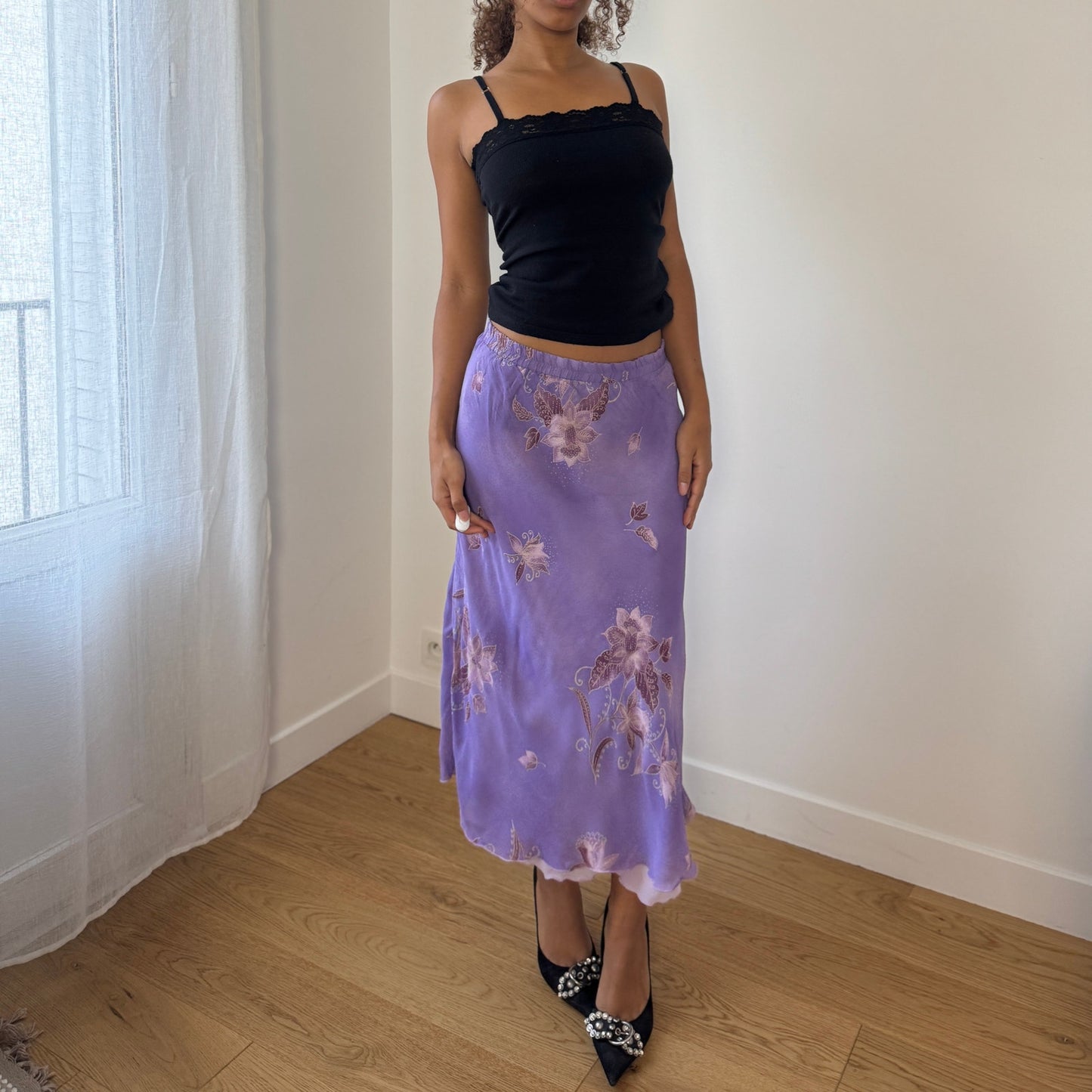 Vintage Italian lavender floral mesh midi skirt (Small)