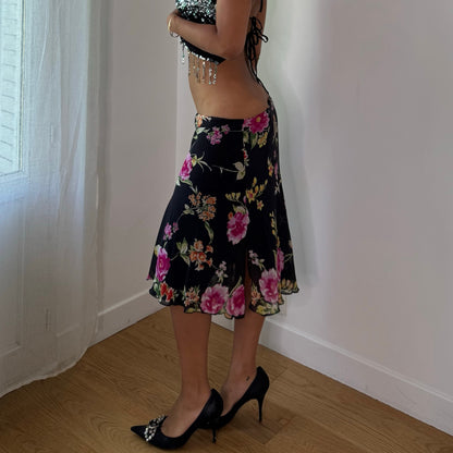 Vintage Black Floral Silk Mesh Midi Skirt Double Layer Italian Y2K (S/M)