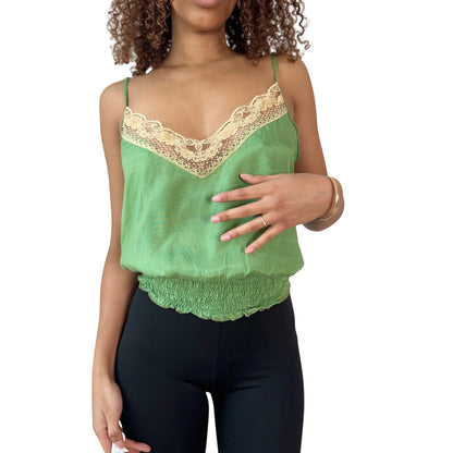 Vintage Italian Green Lace Trim Camisole Top 100% Viscose (S)