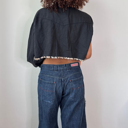 Vintage Levi’s Black Denim Cropped Shirt Asymmetrical Distressed Y2K Top (S)