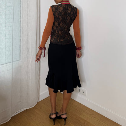 Rare Italian vintage Y2K red orange graphic print semi-sheer mesh top with sequin embellishments, lace back and ruffle trim