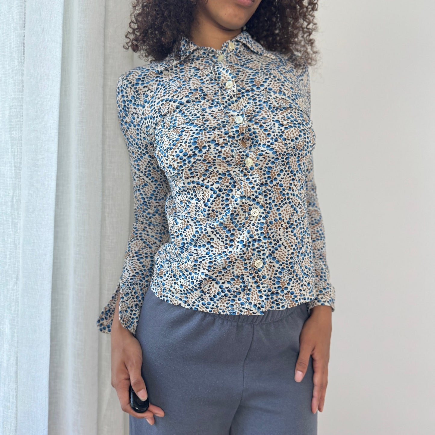 Vintage Italian Button-Up Mesh Blouse with Micro Dot Print (XS)