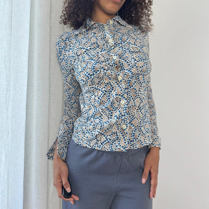 Vintage Italian Button-Up Mesh Blouse with Micro Dot Print (XS)