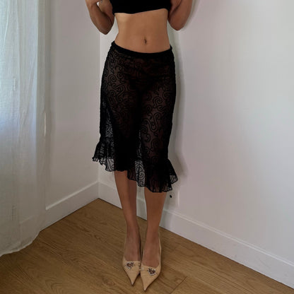 Vintage Black Sheer Velvet Swirl Mesh Midi Skirt (S)