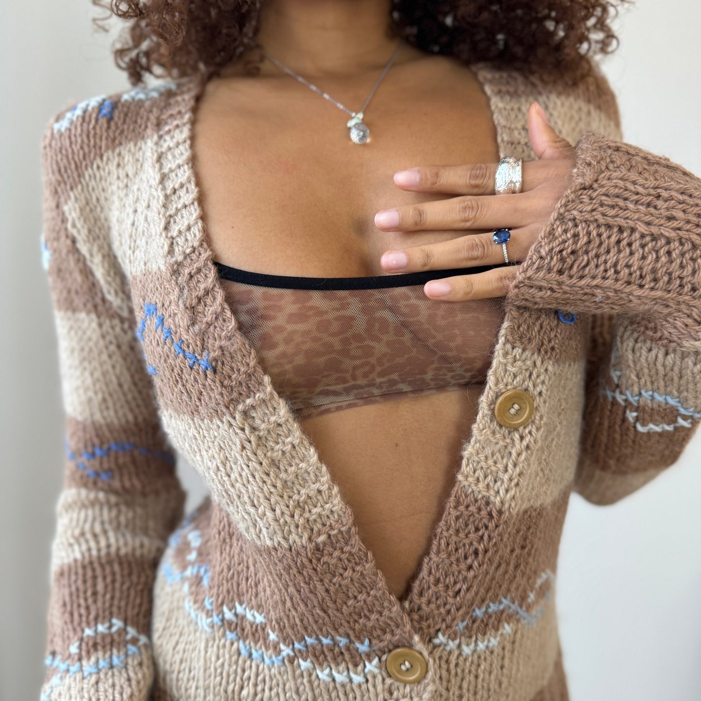 Italian Vintage neutral stripe hand-detail knit button cardigan (S/M)