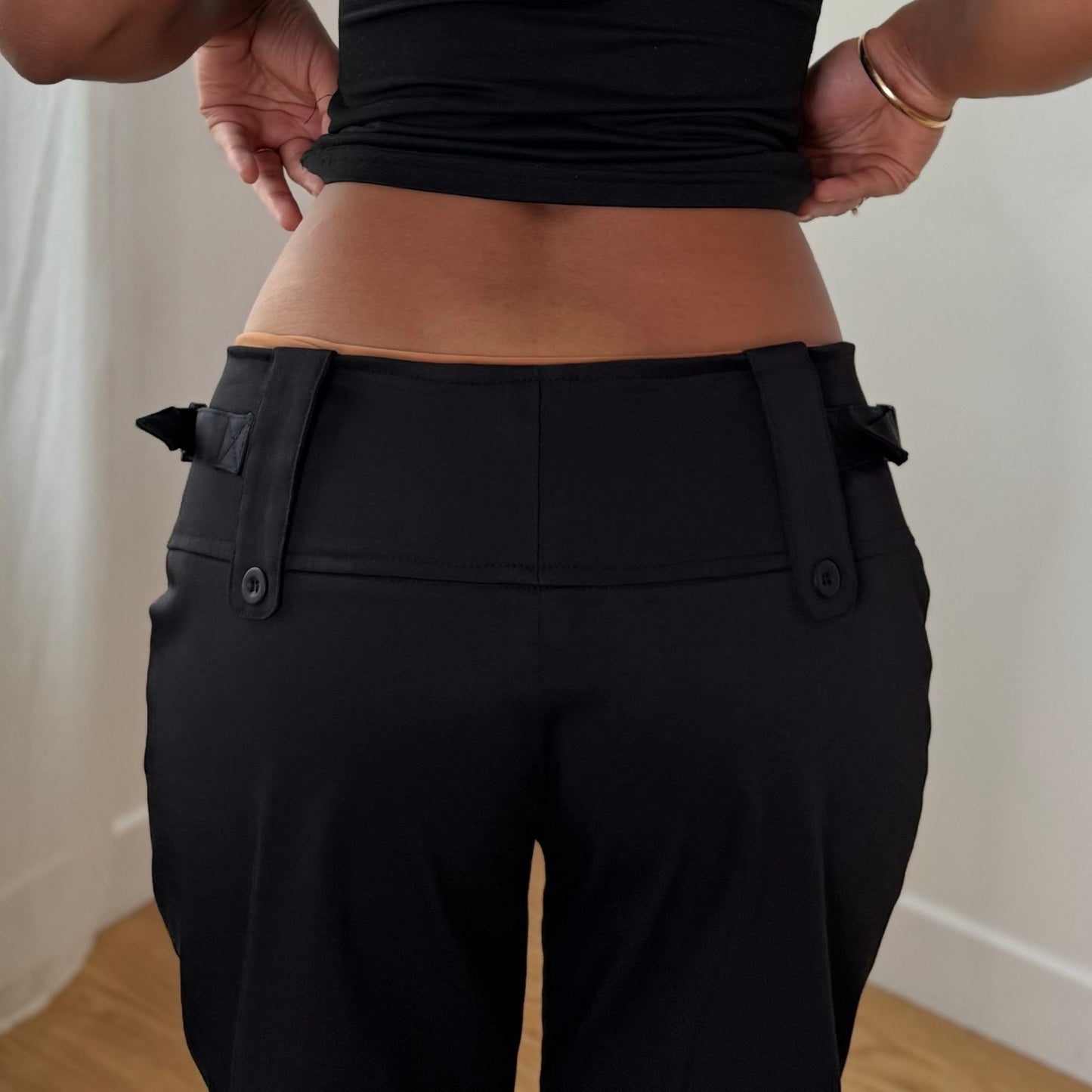 Vintage Black Buckle Waist Flare Pants Euro Y2K Trousers (S)