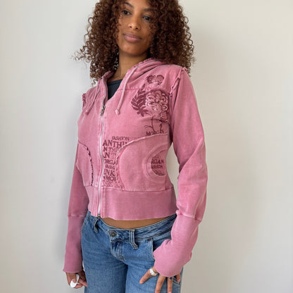 Vintage Morgan de Toi pink zip-up hoodie with graphic print & raw-edge details S