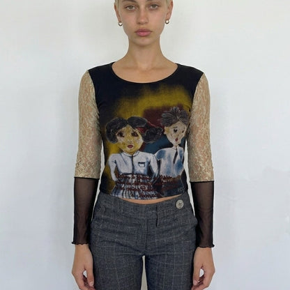 Vintage Misia Black Graphic Mesh Crop & Lace Sleeves (S)