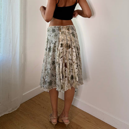 Vintage Cream Sage Green Floral Pleated Mesh Midi Skirt Euro Y2K (S)