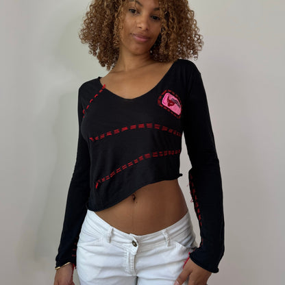 Vintage Black Red Custo Barcelona Bell Sleeve Slinky Top Graphic Patch Y2K (S/M)
