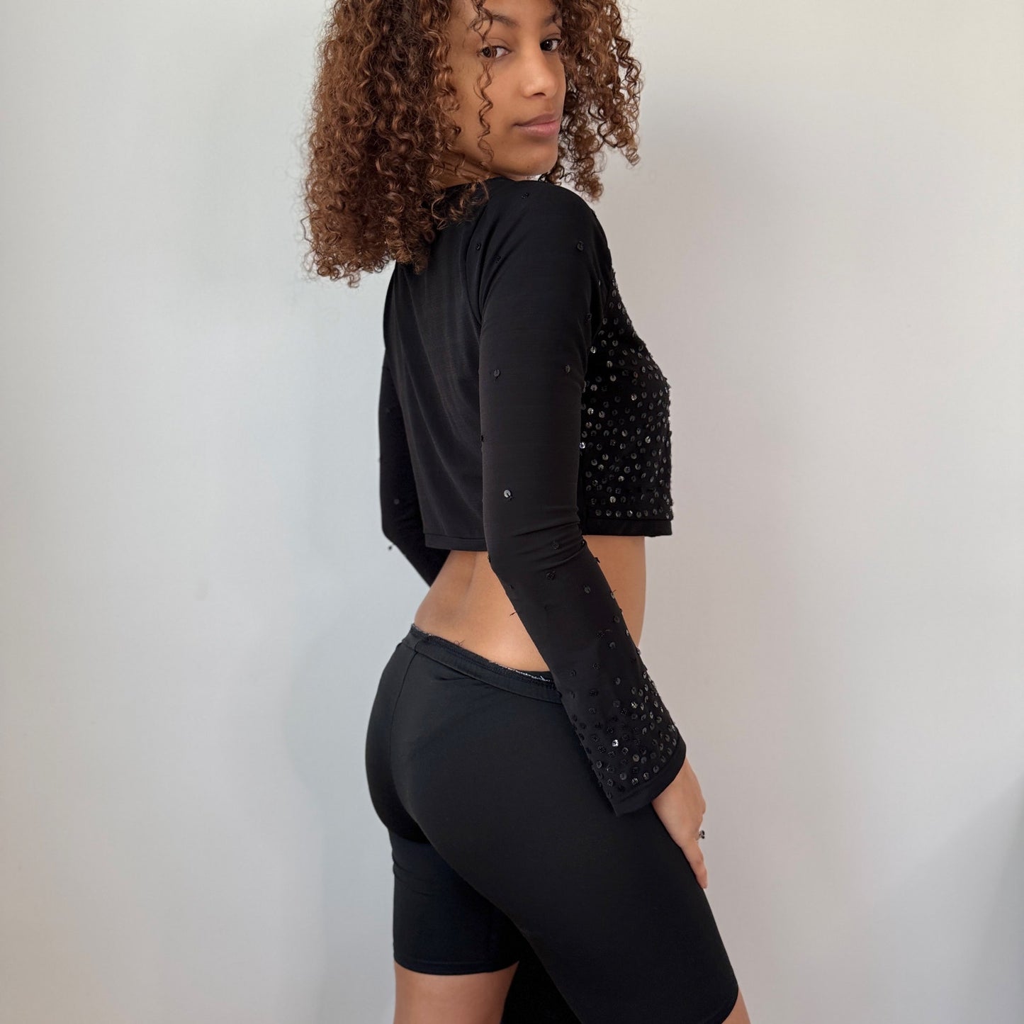 Vintage Black Sequin Tie Front Cardigan Sheer Mesh Y2K Euro Top (S)