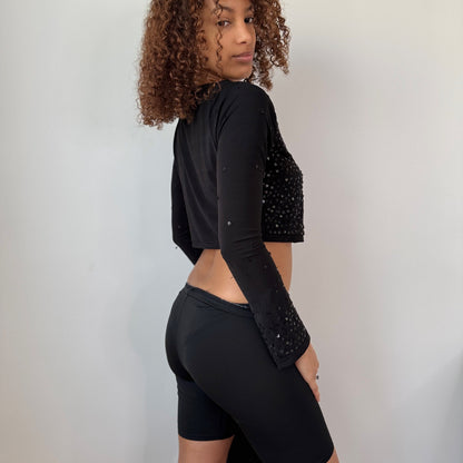 Vintage Black Sequin Tie Front Cardigan Sheer Mesh Y2K Euro Top (S)