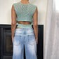 Vintage 90s Pastel green knit crochet zip front vest top (S-M) Cottage Summer
