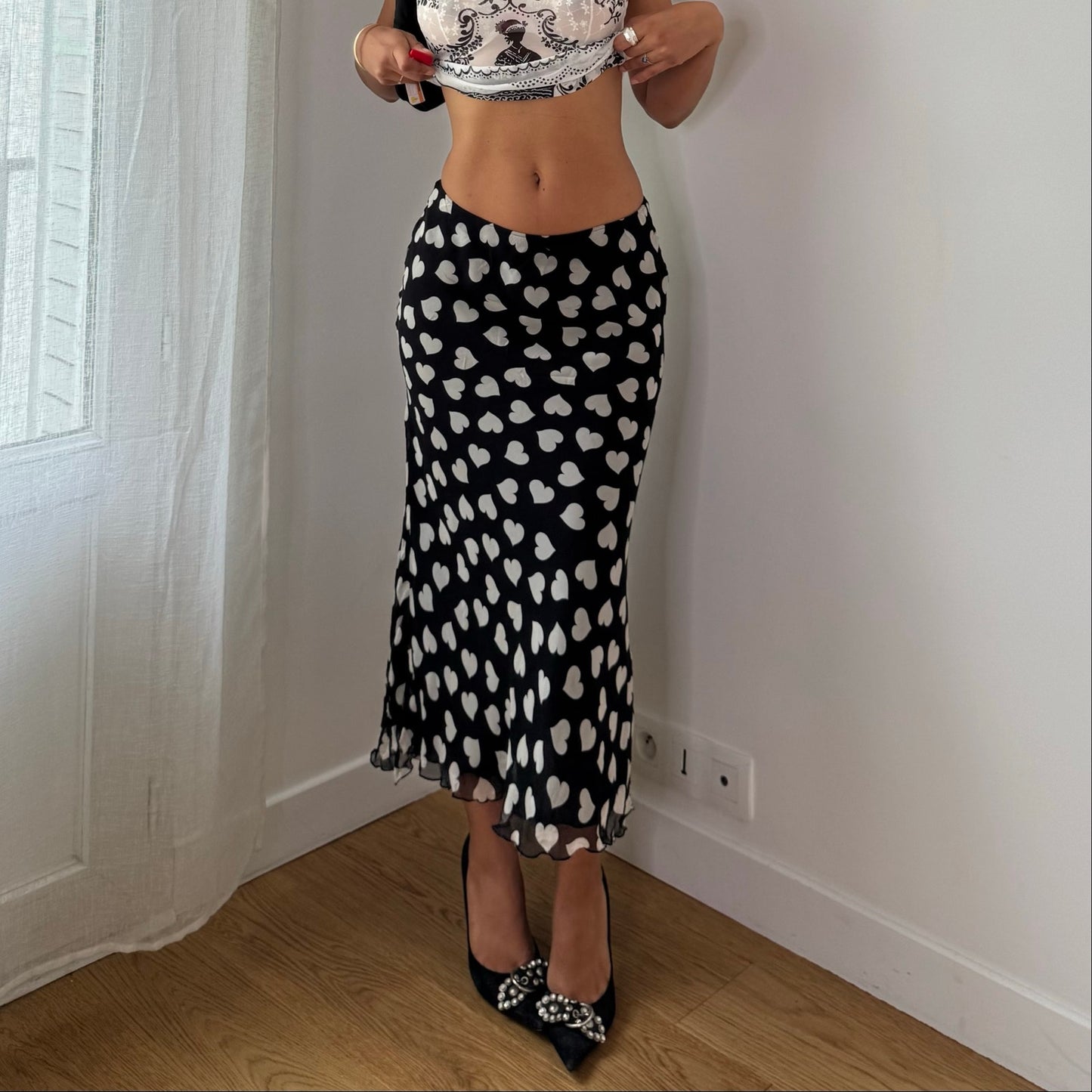 Vintage Black & White Heart Print Silk Mesh Maxi Skirt Italian Y2K (S)