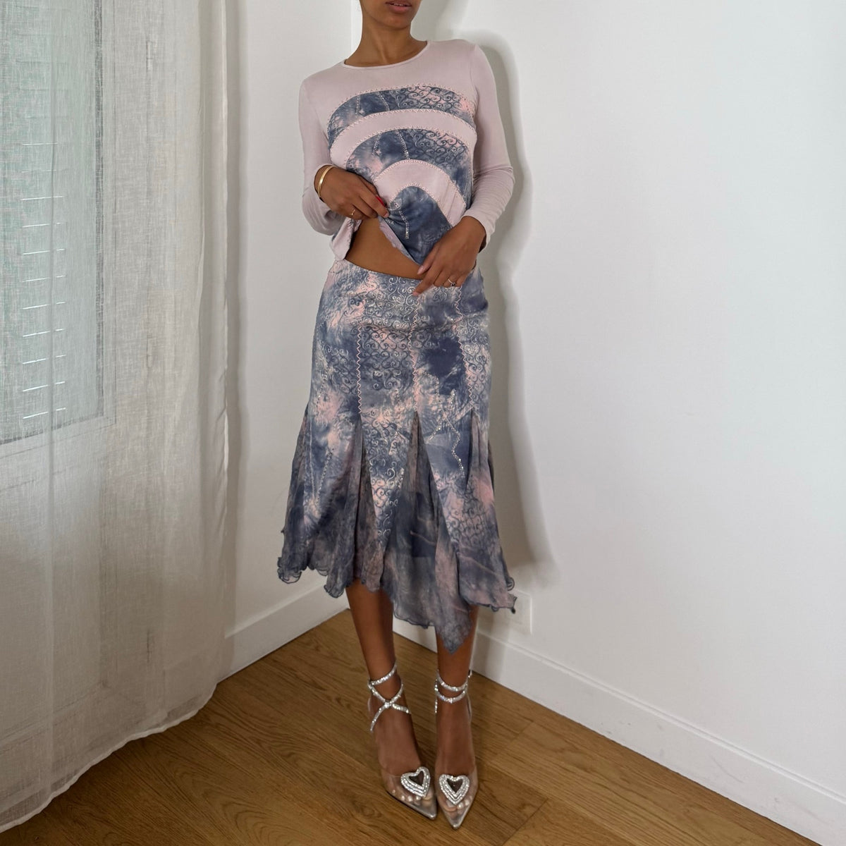 Italian vintage Y2K pink and blue two-piece set with slinky long sleeve top and embroidered silk mesh midi skirt