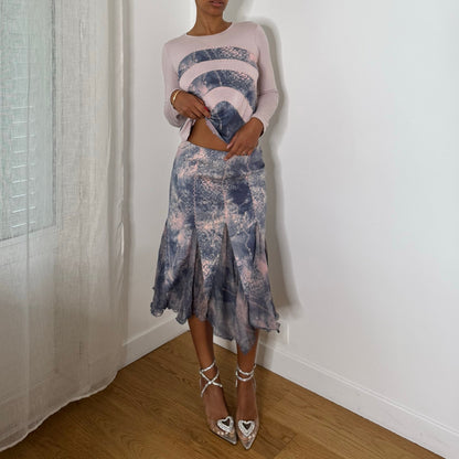 Italian vintage Y2K pink and blue two-piece set with slinky long sleeve top and embroidered silk mesh midi skirt