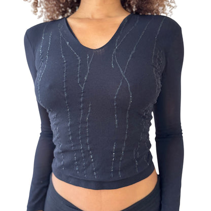 Italian Made Semi-Sheer Shimmer Mesh V-Neck Long-Sleeve Top (Small)