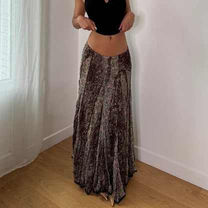 Vintage Brown Micro Floral Mesh Maxi Skirt Lace Hem Italian Y2K Skirt (S) ⠀
