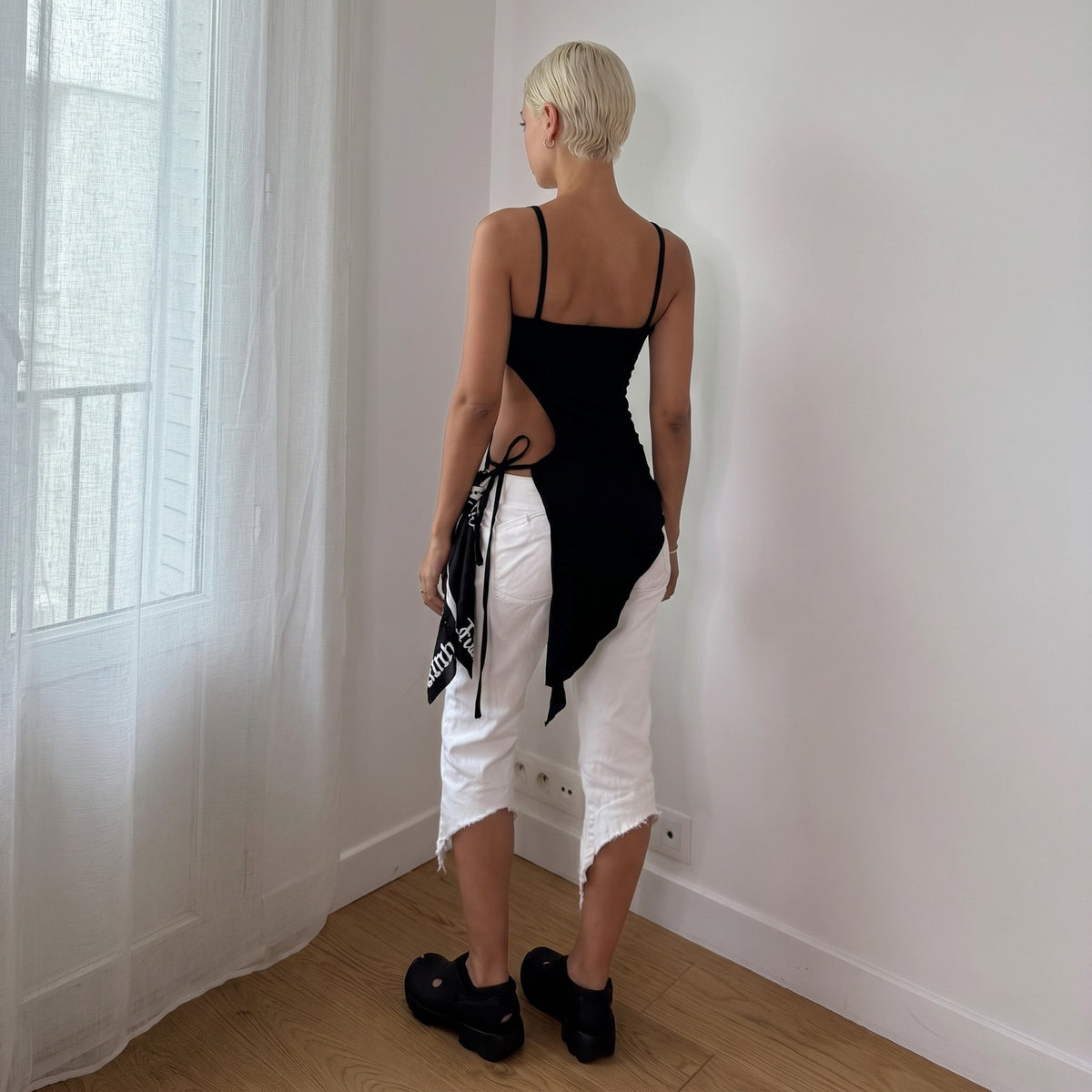 Vintage Punkyfish Black & White Graphic Cut-Out Tie Top (S)