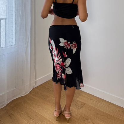 Vintage Italian Black Floral Mesh Midi Skirt Pink Lily Print (S)