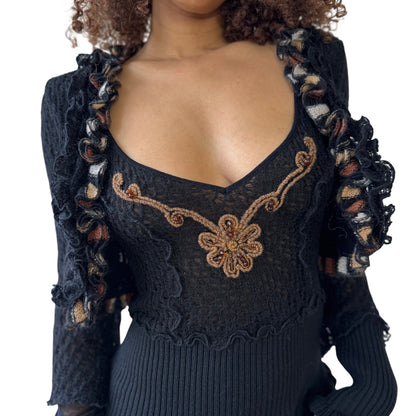 Vintage Italian black wool mohair 2 piece set with embroidered cami and ruffle trim cropped cardigan by Sonia Fortuna (S/M)