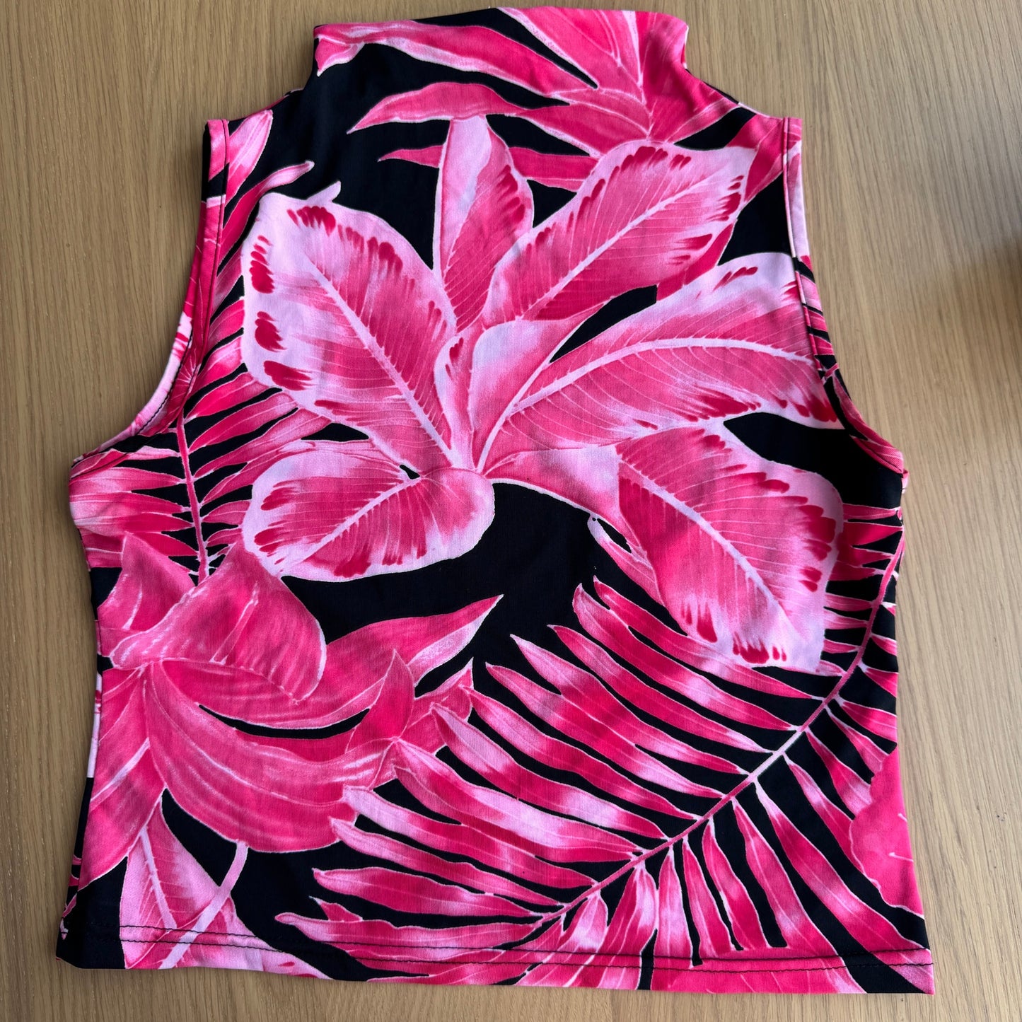 Vintage Black Pink Tropical Print Slinky Mock Neck Top Y2K Euro (S/M)