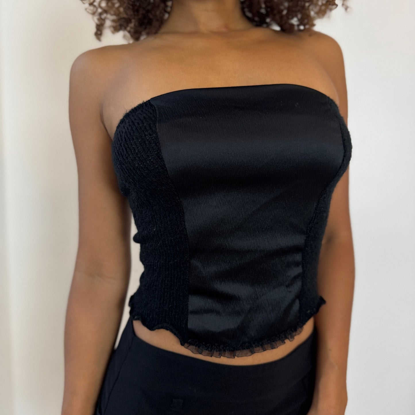 Vintage Italian mohair-blend knit & satin black bustier top (S)