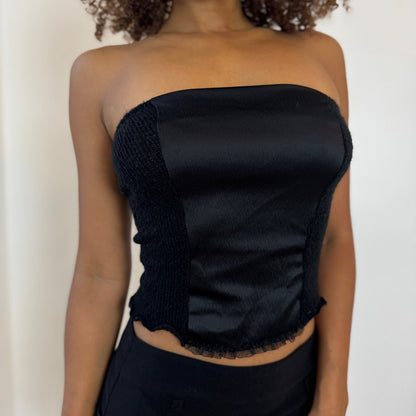 Vintage Italian mohair-blend knit & satin black bustier top (S)