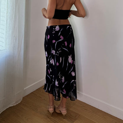Vintage Black Pink Purple Floral Mesh Midi Skirt Euro Y2K (S)