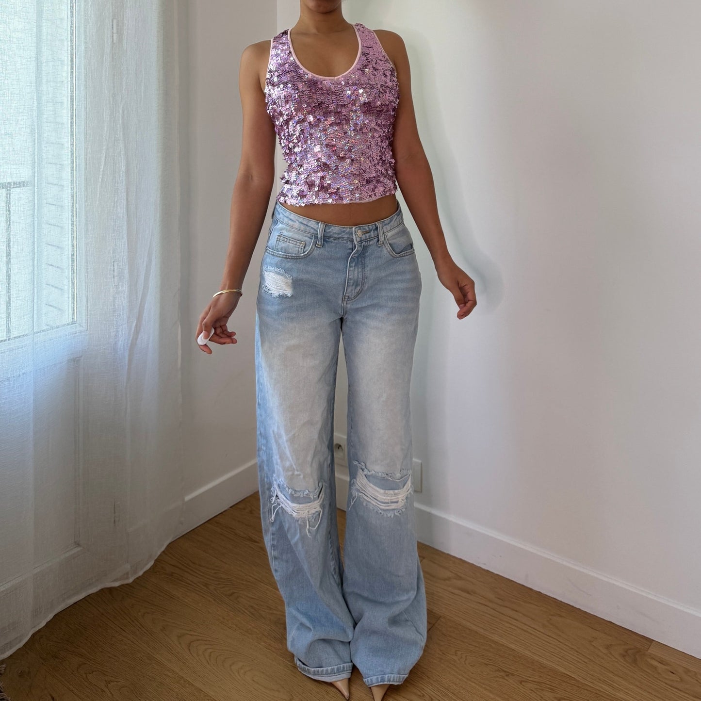 Vintage Pink Iridescent Sequin Tank Top Sheer Mesh Back Italian Y2K (S)