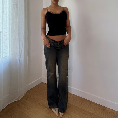 Vintage Black Mesh Cami Top Sequin Lace Trim Y2K Party Top (XS/S) ⠀