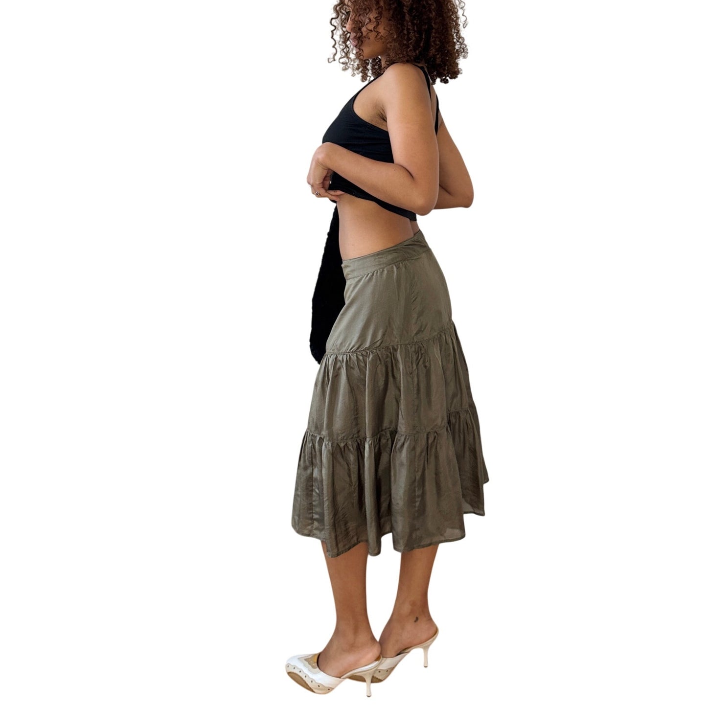 Vintage 90s Italian Silk Satin Wrap Midi Skirt Olive Tie Waist (S)