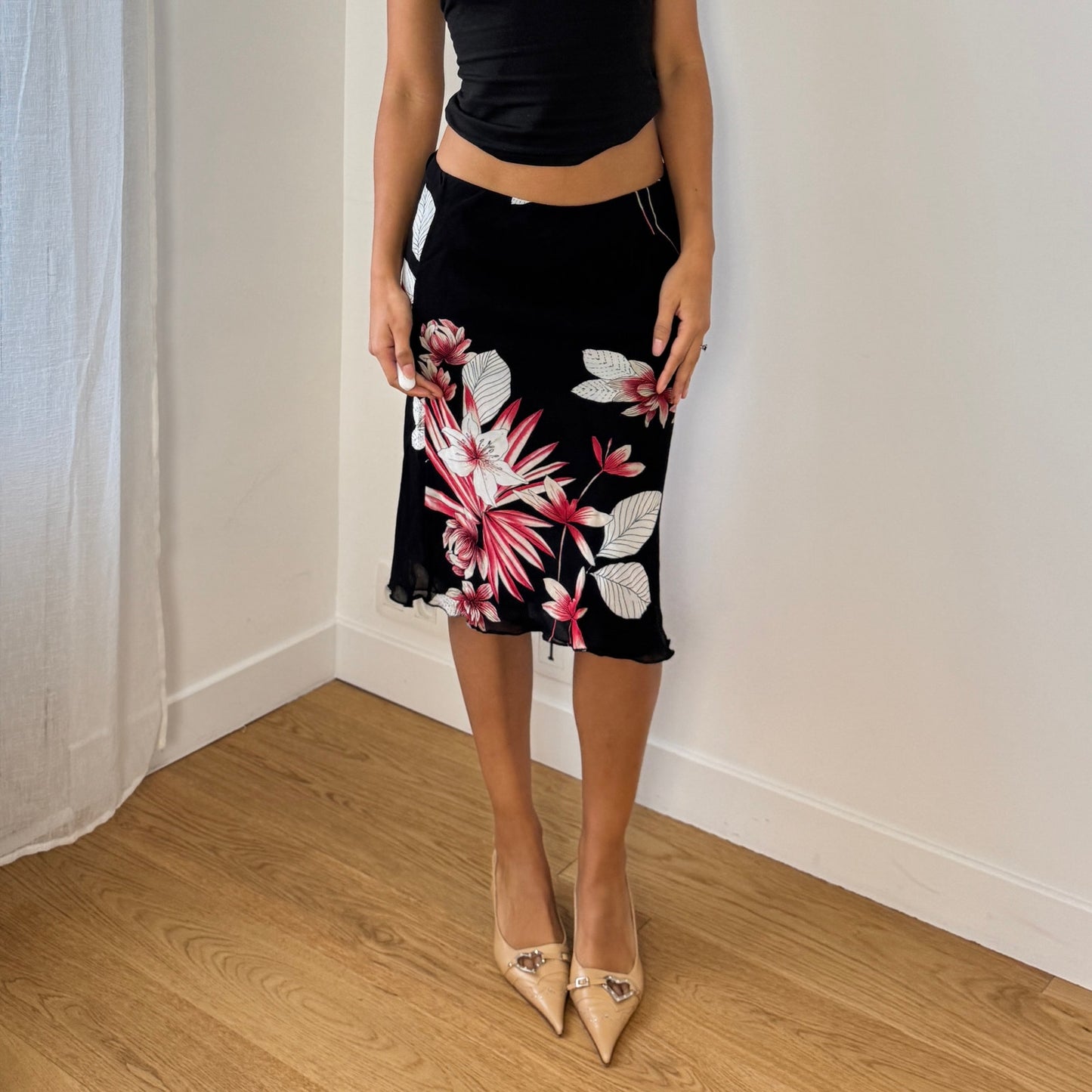 Vintage Italian Black Floral Mesh Midi Skirt Pink Lily Print (S)