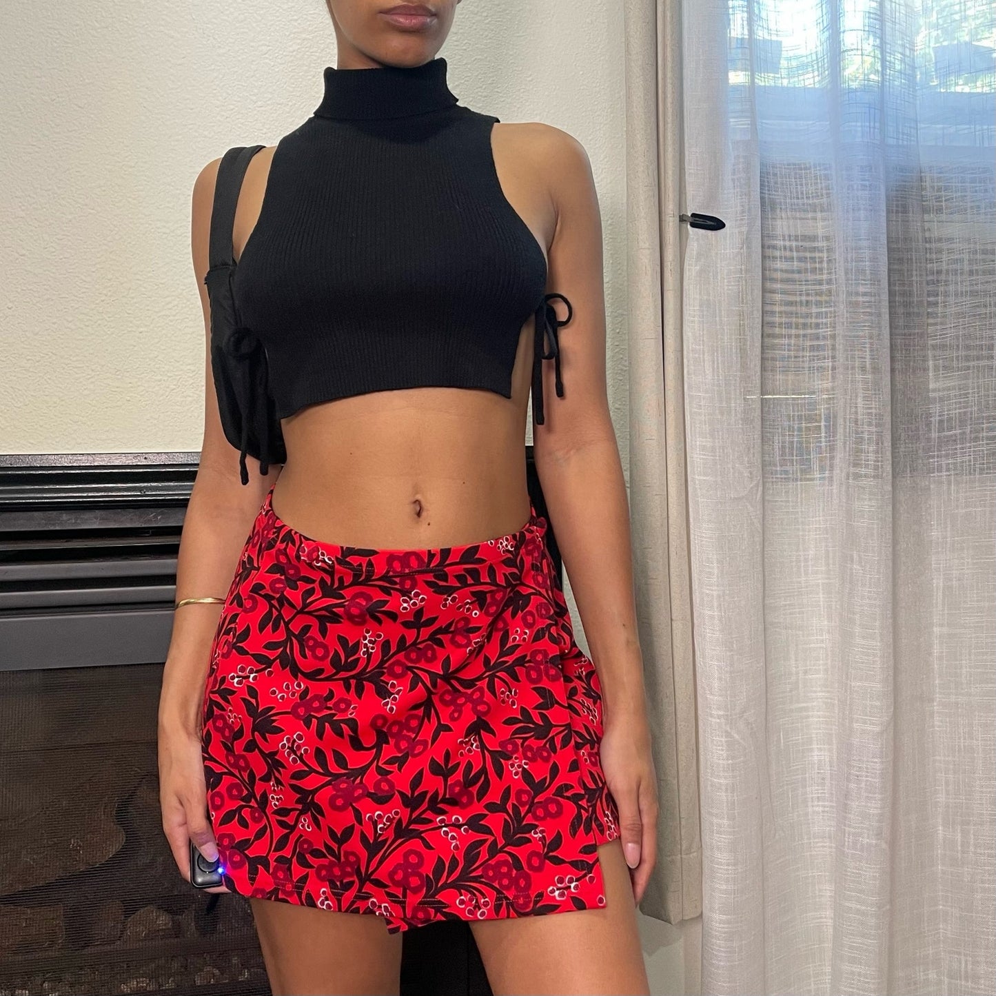 90s Red Floral Rom com Mini Skirt (XS)