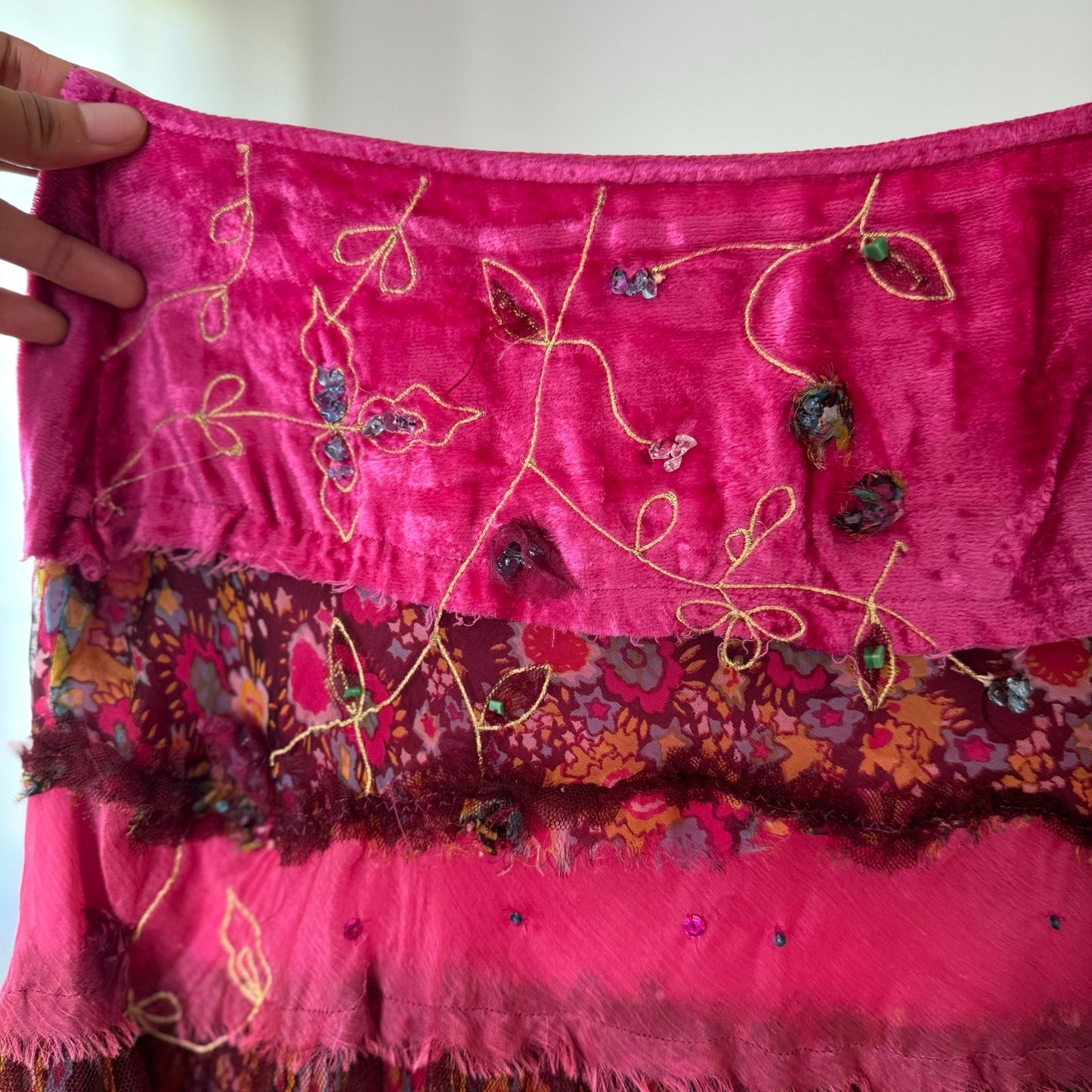 Vintage Extyn Pink Patchwork Mesh Midi Skirt Embroidered Ruffle Italian Y2K (S)