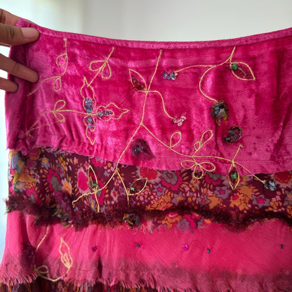 Vintage Extyn Pink Patchwork Mesh Midi Skirt Embroidered Ruffle Italian Y2K (S)