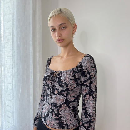 Vintage Black Pink Polka dot & Paisley Long Sleeve Top Y2K (S/M)